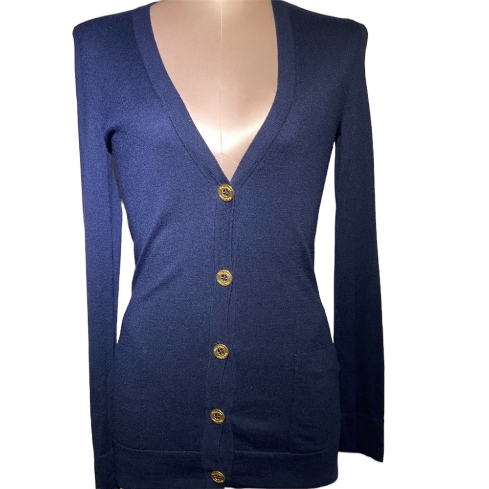 Lilly Pulitzer navy long sleeve cardigan. Gold hardware. Size XS